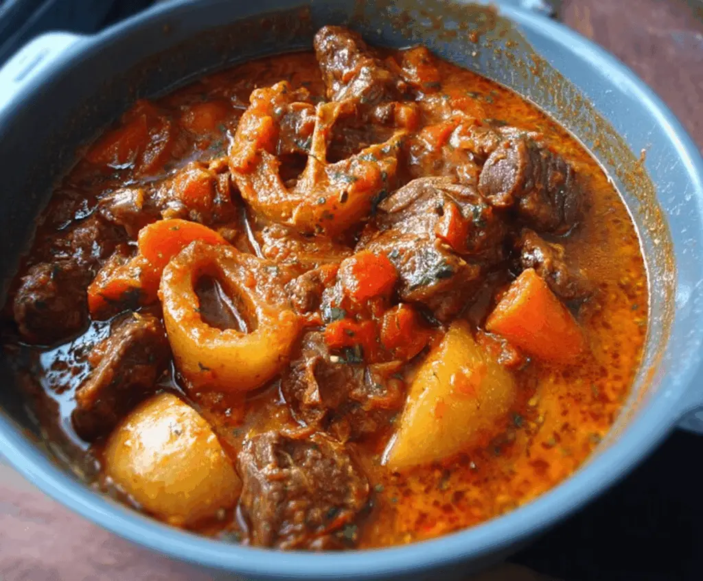 Savory African Beef Stew with tender beef, fresh vegetables, and rich spices served in a bowl