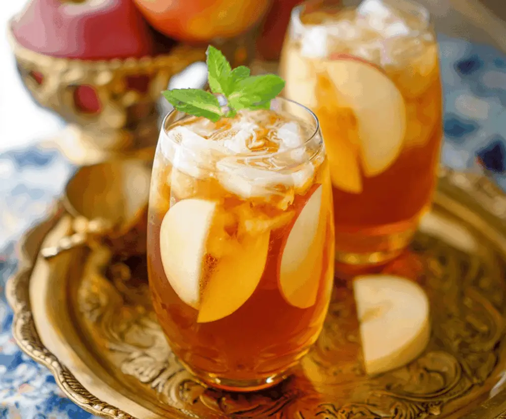Refreshing apple butter iced tea served in a glass garnished with apple slices and mint leaves on a summer table.