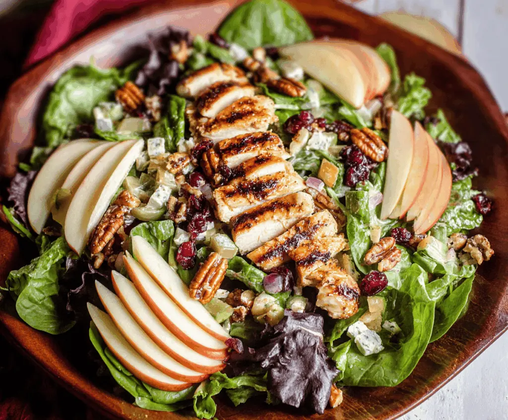 Creamy apple pecan chicken salad with fresh greens, sliced apples, toasted pecans, and tender grilled chicken in a light dressing.