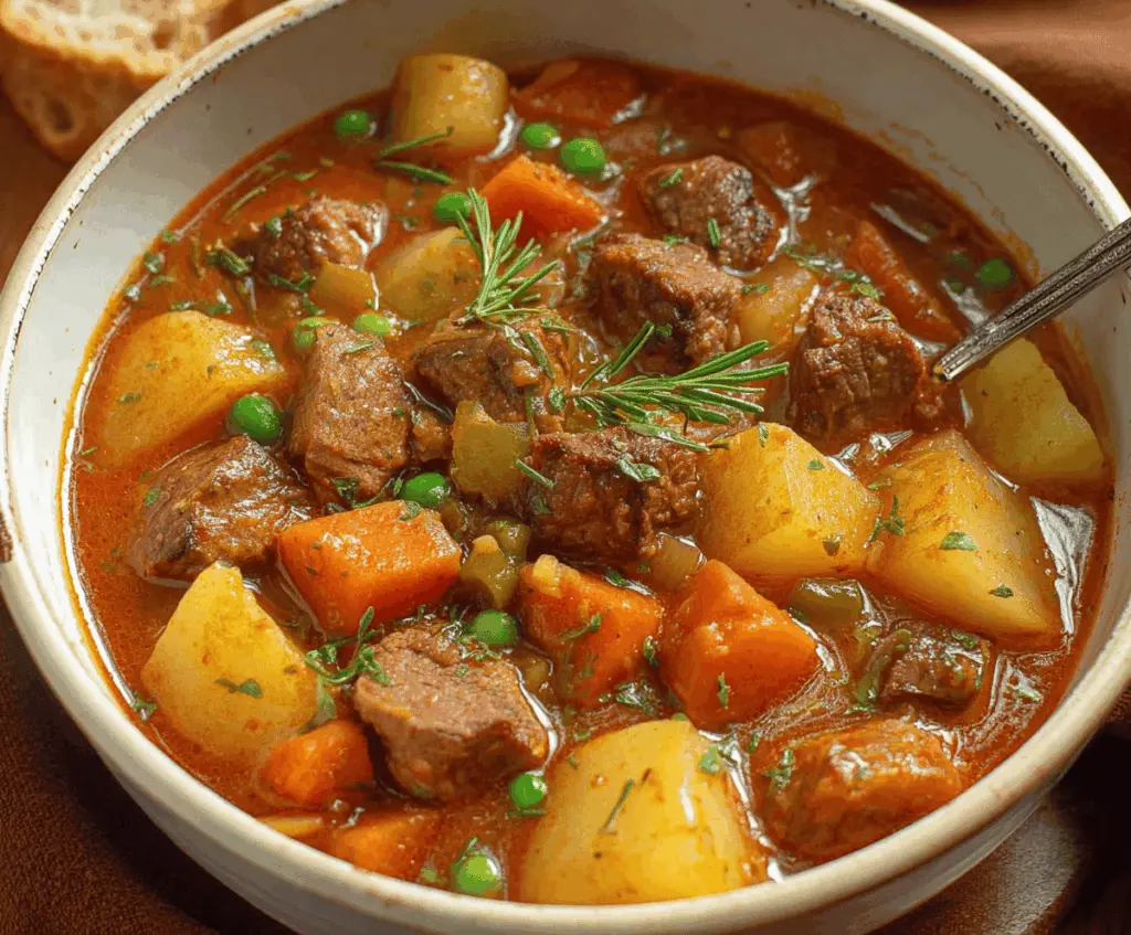 Hearty beef and vegetable stew in a bowl, featuring tender beef chunks, carrots, potatoes, celery, and green beans in a rich broth