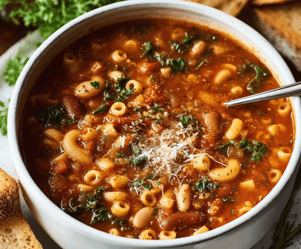 A bowl of hearty Pasta Fagioli Soup with pasta, beans, vegetables, and herbs garnished with fresh parsley, served in a rustic bowl