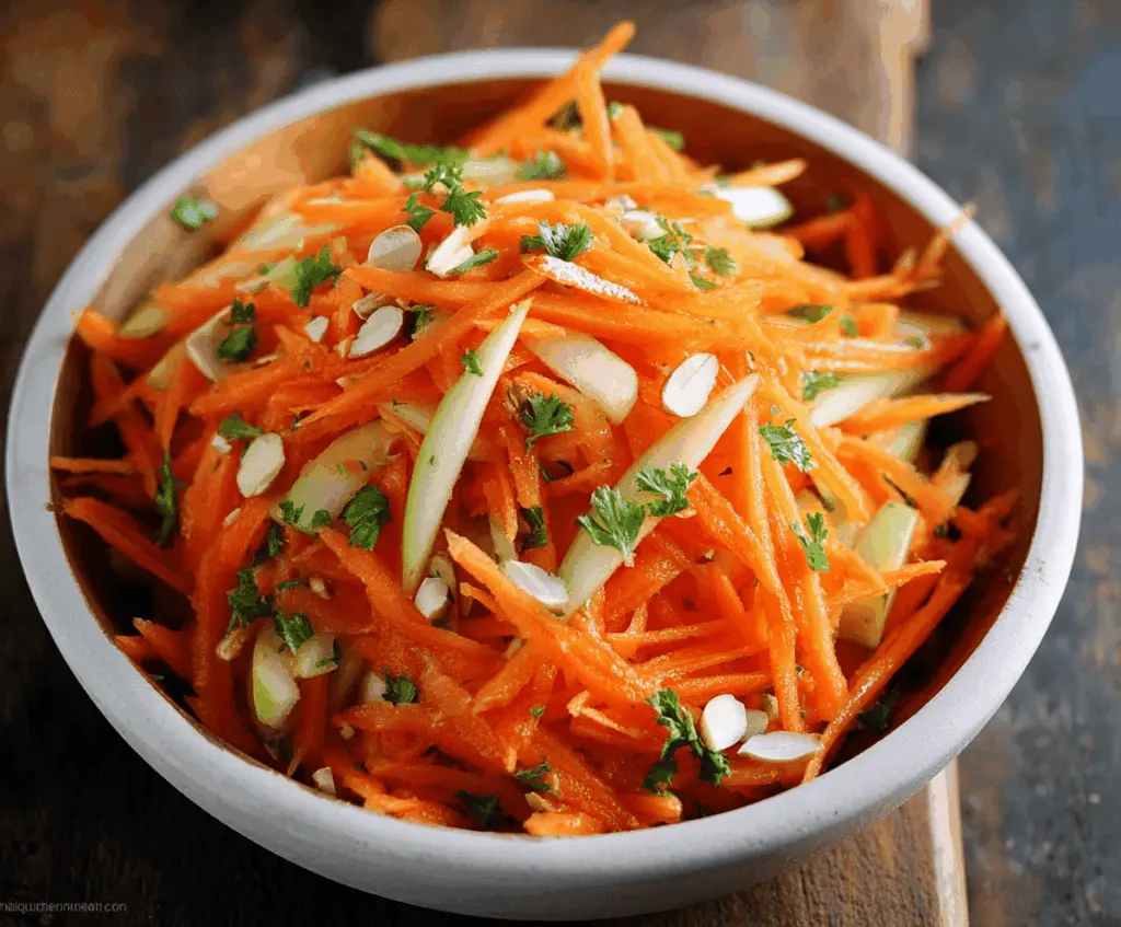Fresh carrot and apple salad in a bowl with sliced carrots and apples, garnished with mint leaves for a healthy and colorful snack.