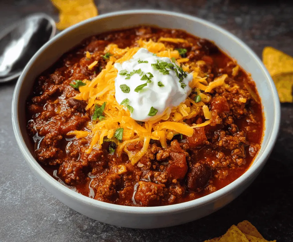 A bowl of hearty classic beef chili topped with shredded cheese and fresh herbs, served with crusty bread on a rustic wooden table.