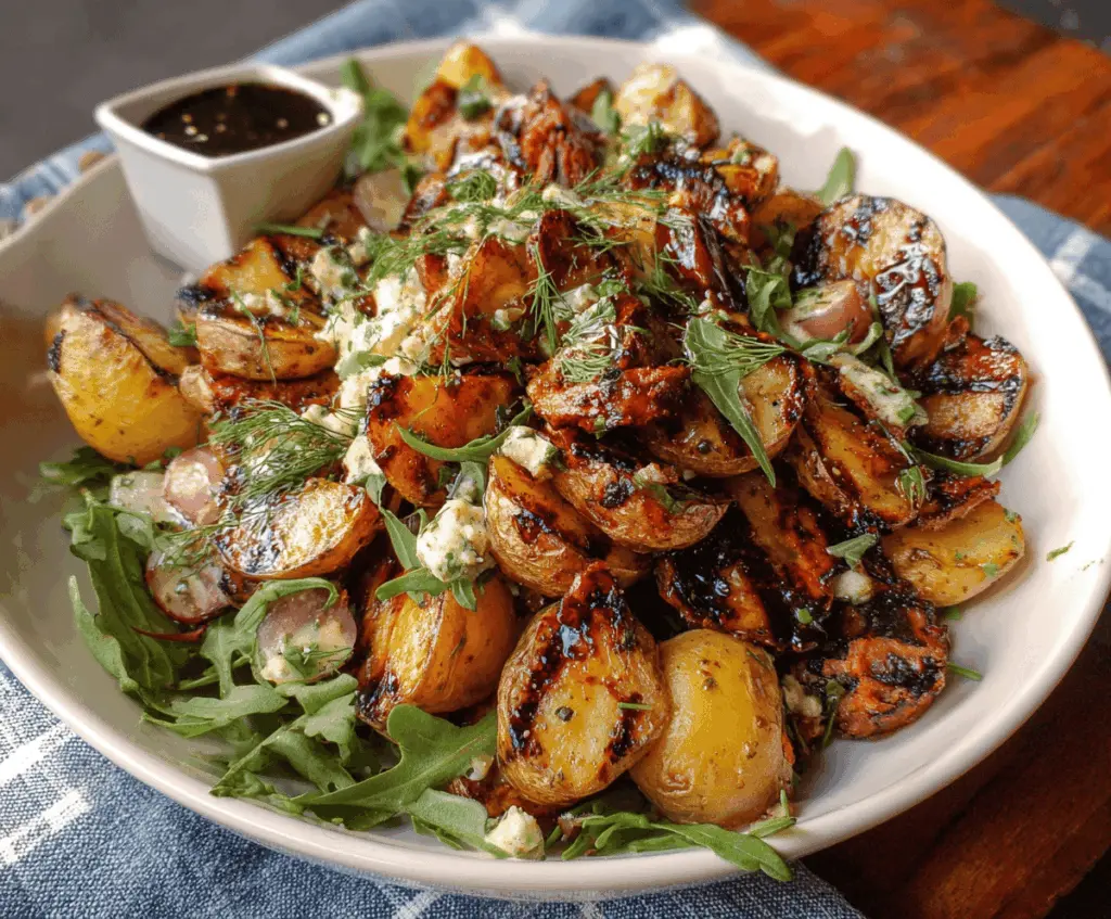 Creamy potato salad with BBQ-inspired ingredients, served as a classic side dish for barbecues and gatherings.