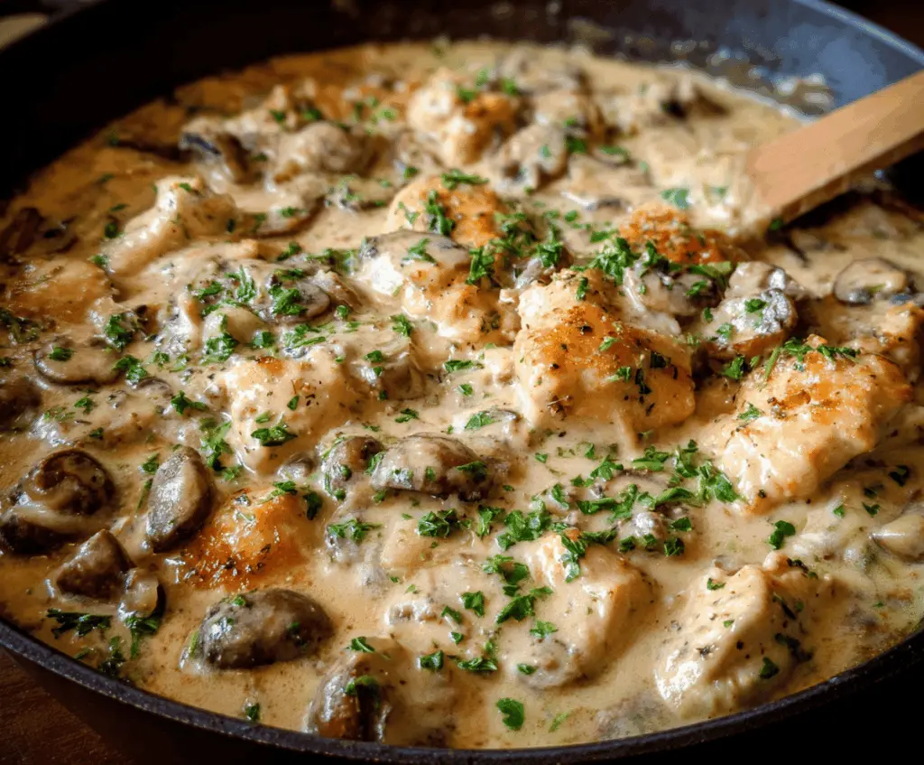 Creamy chicken and mushroom stew served in a bowl with fresh herbs, showcasing a rich and savory comfort food dish.