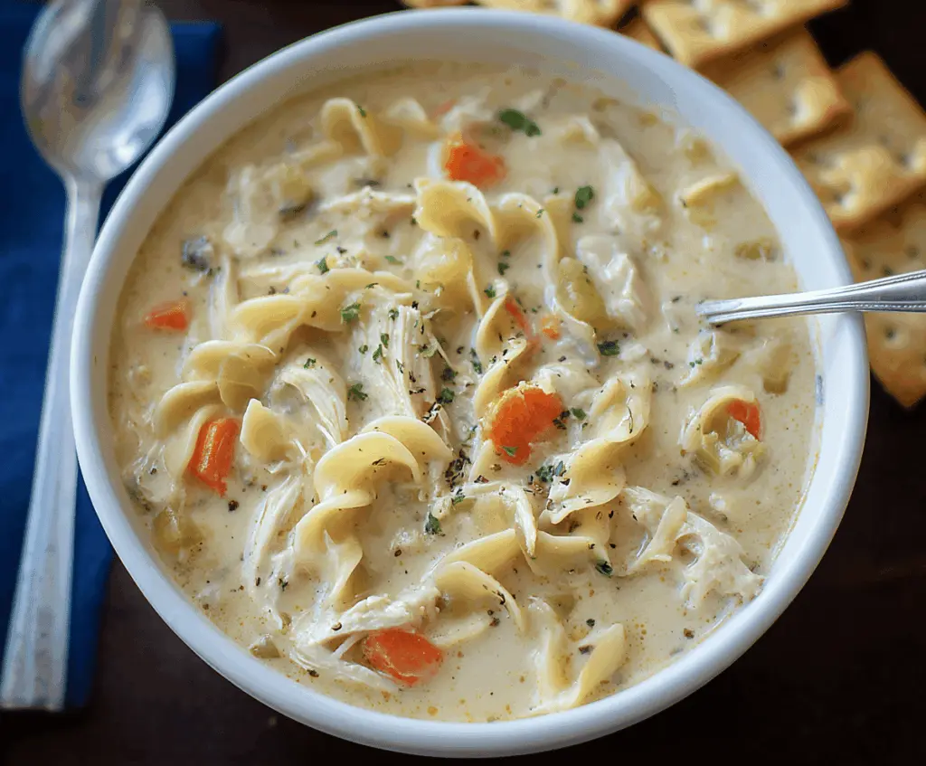 A bowl of creamy chicken noodle soup garnished with fresh herbs, showcasing tender chicken, vegetables, and hearty noodles in a rich, smooth broth.