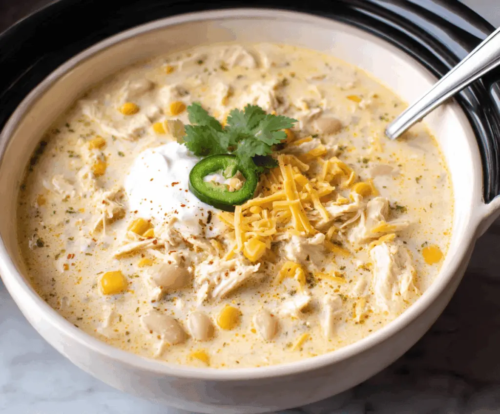 Creamy Crockpot White Chicken Chili in a bowl topped with cheese and fresh herbs, served in a slow cooker for a flavorful, easy-to-make comfort food