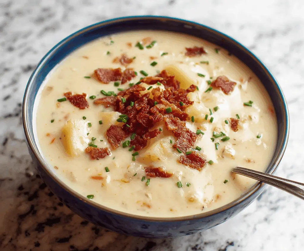 Creamy potato soup topped with crispy bacon bits in a white bowl, garnished with chopped herbs, served alongside crusty bread