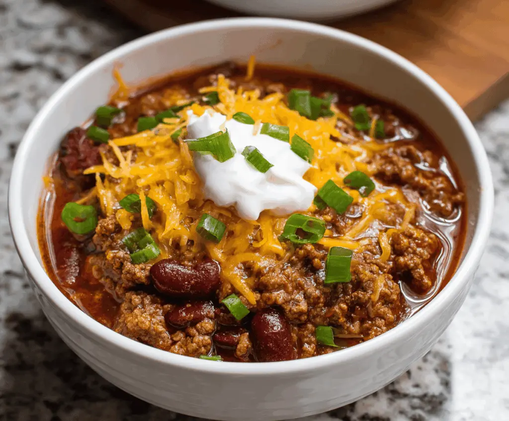Delicious crockpot chili with ground beef, beans, tomatoes, and spices served in a bowl for a hearty meal