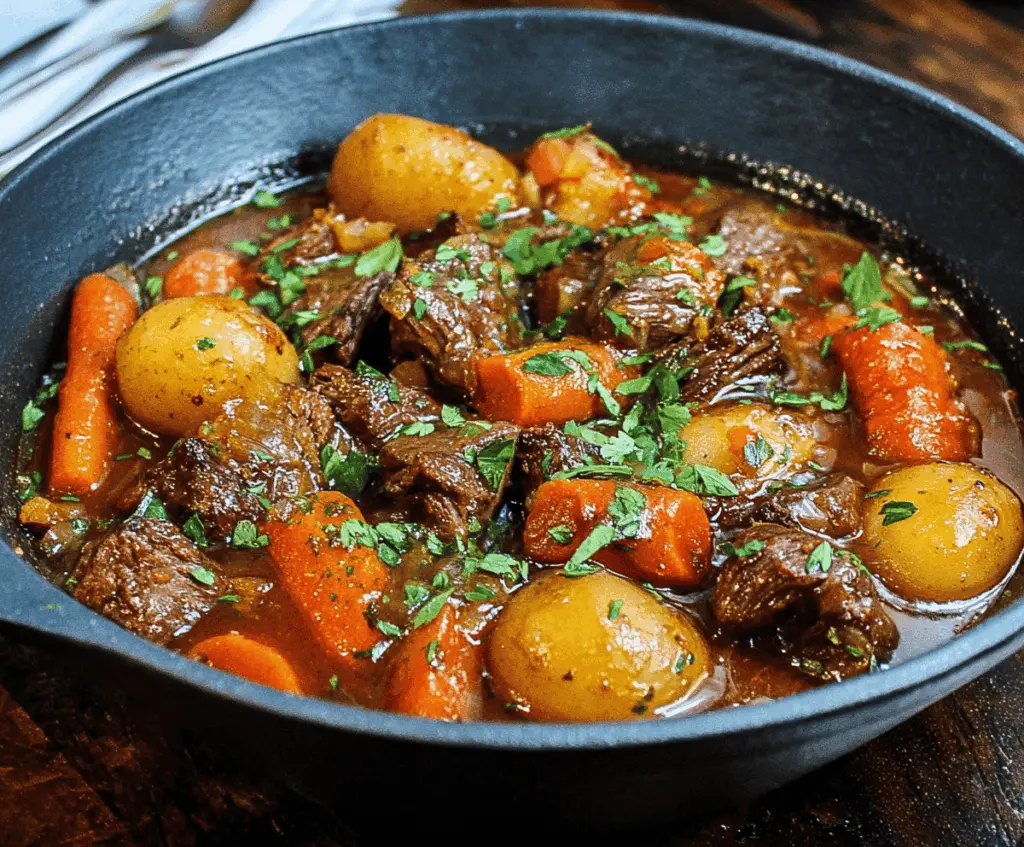 Hearty Dutch Oven Beef Stew with tender beef chunks, vegetables, and rich broth served in a rustic Dutch oven
