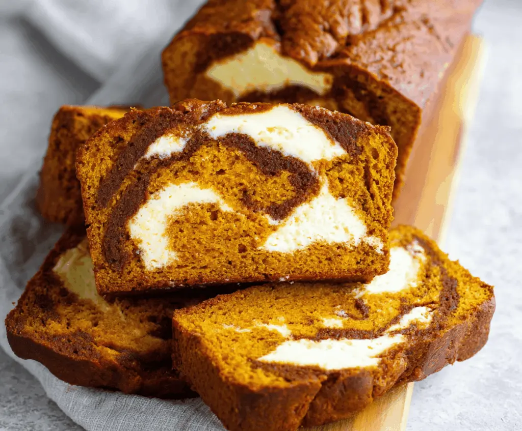 Delicious homemade pumpkin bread with creamy cream cheese swirl, perfect for fall baking