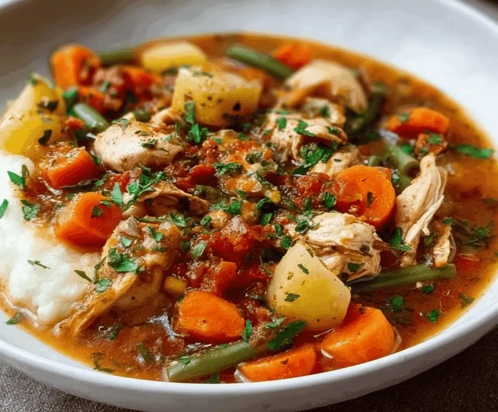 Delicious hearty chicken stew with fresh vegetables in a rustic bowl, perfect for comforting family meals