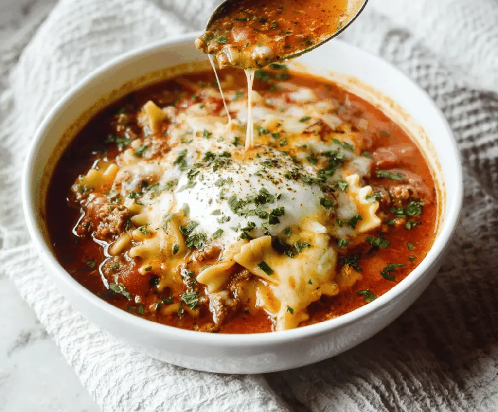 Delicious high-protein lasagna soup in a bowl topped with melted cheese and fresh herbs, perfect for a hearty and healthy meal.