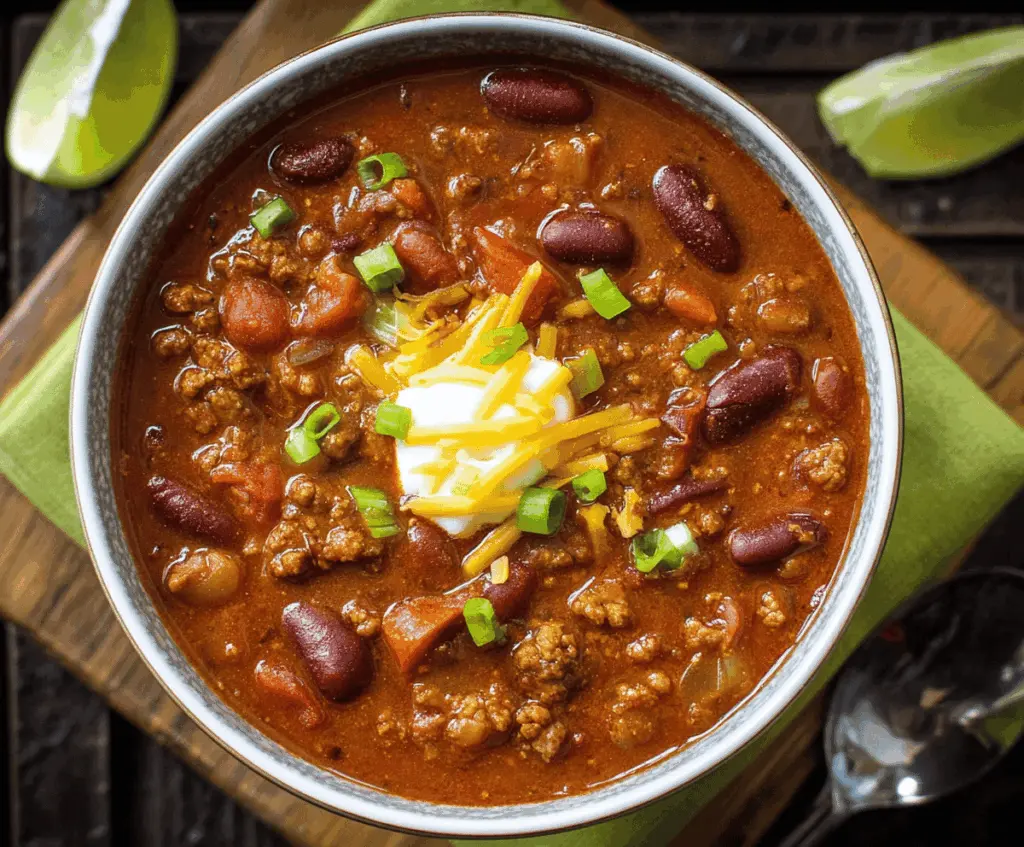 Delicious homemade Instant Pot chili with beans, ground beef, and spices in a savory, hearty bowl