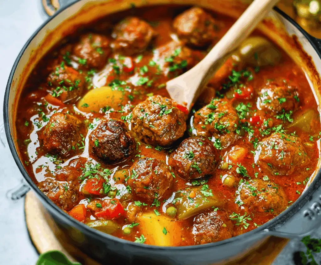 Delicious one-pot meatball stew with hearty vegetables and savory broth served in a bowl