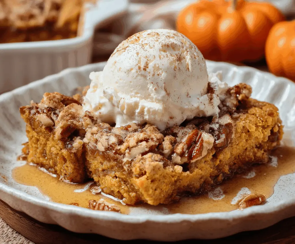 Delicious homemade pumpkin dump cake topped with whipped cream, perfect for fall desserts.