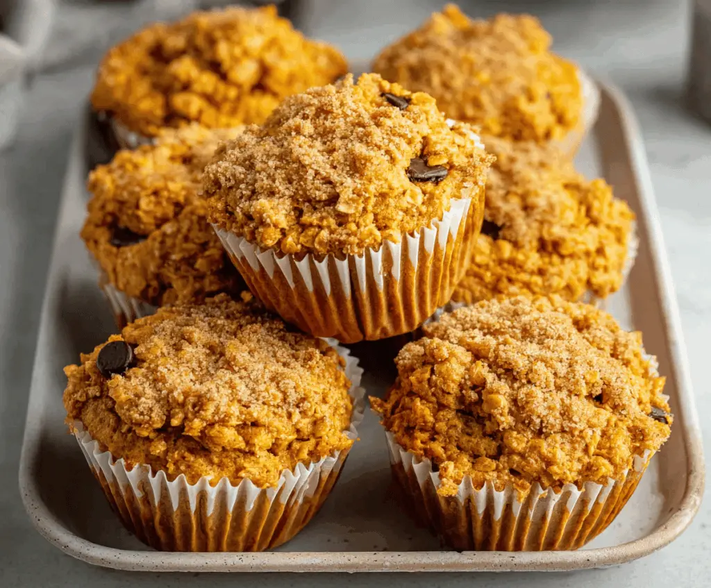 Delicious homemade pumpkin oatmeal muffins topped with a sprinkle of cinnamon and fresh pumpkin seeds, perfect for a cozy breakfast or snack.