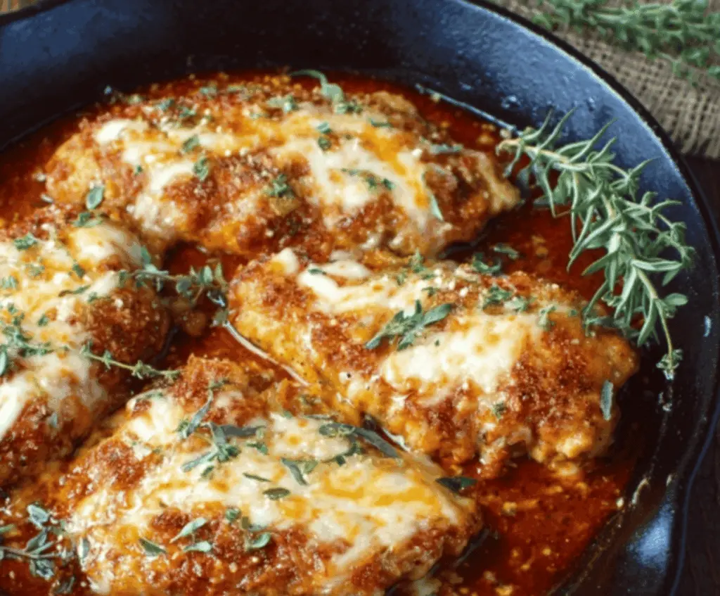 Delicious Pumpkin Parmesan Chicken Skillet garnished with fresh herbs, featuring tender chicken breasts topped with creamy pumpkin and parmesan sauce in a rustic skillet.