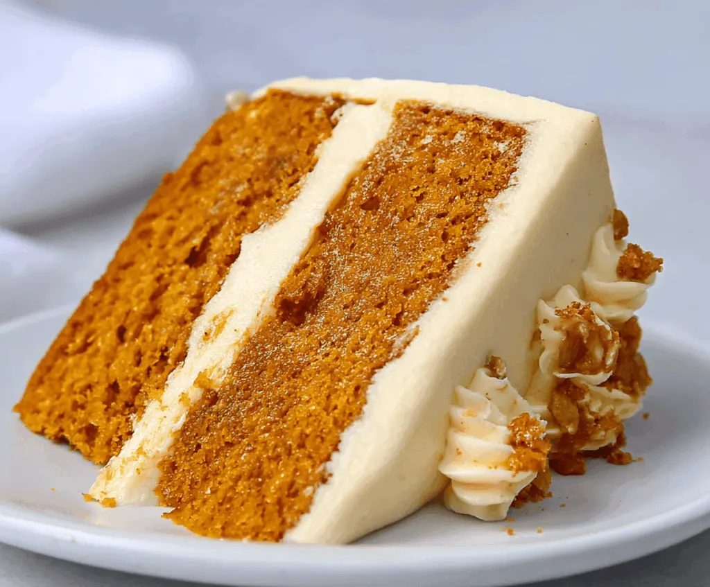 Delicious homemade pumpkin spice cake topped with cream cheese frosting and a sprinkle of cinnamon, perfect for fall dessert