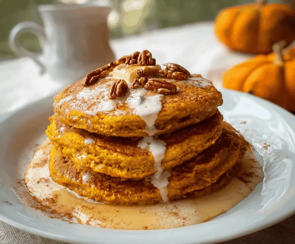 Delicious homemade pumpkin spice pancakes topped with whipped cream and cinnamon, perfect for a cozy fall breakfast.