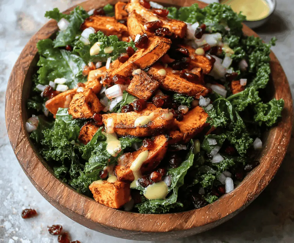 Healthy roasted sweet potato and kale salad with colorful vegetables, perfect for a nutritious meal or side dish.