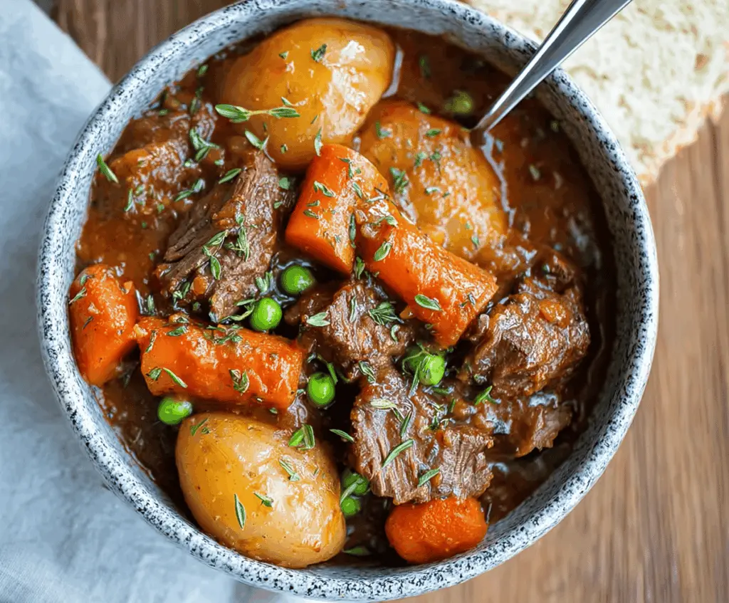 Hearty slow cooker beef stew with tender beef chunks, carrots, potatoes, and herbs in a savory broth