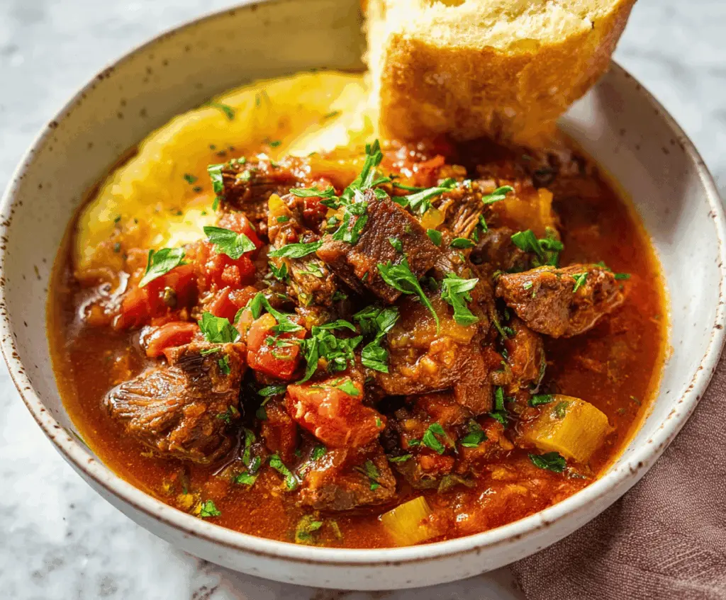 Hearty slow cooker Italian beef stew with tender beef, vegetables, and herbs served in a rustic bowl