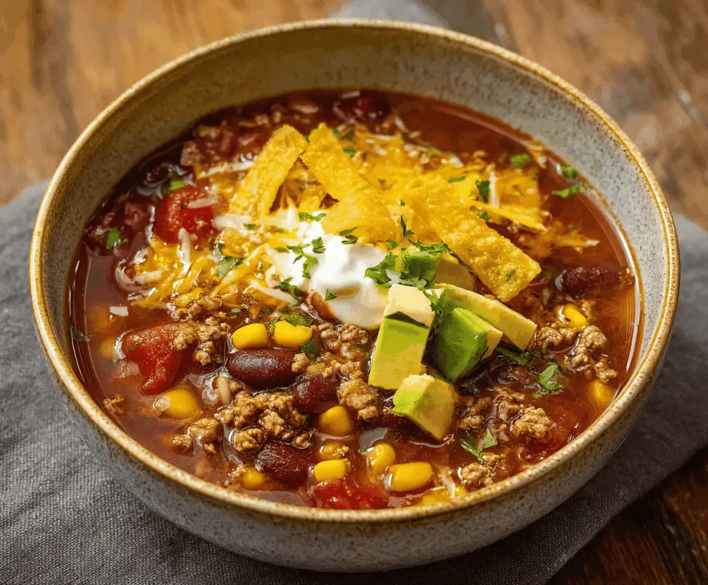 Delicious Slow Cooker Taco Soup with seasoned beef, beans, corn, and fresh toppings in a bowl ready to serve