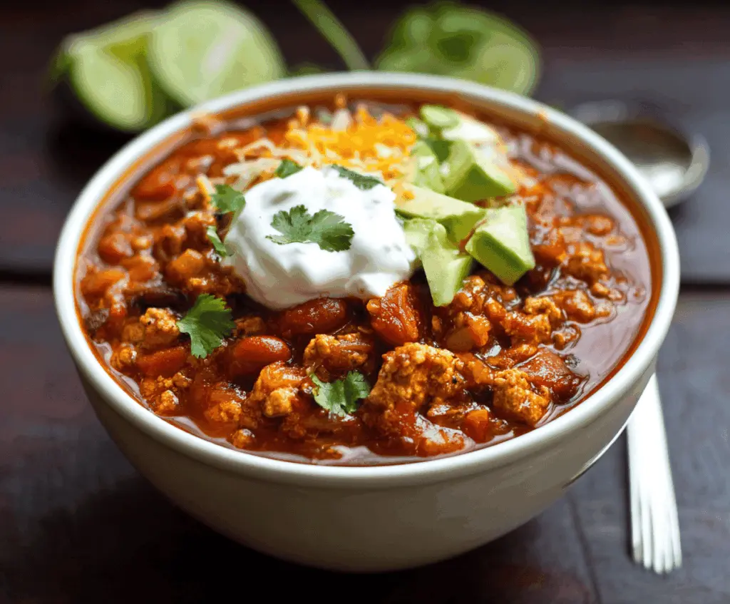 Spicy Smoky Chipotle Turkey Chili served in a bowl with toppings and garnishes