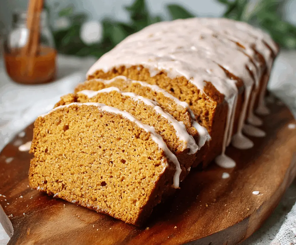 Delicious spiced pumpkin bread topped with a glossy cinnamon glaze, perfect for fall baking and cozy desserts