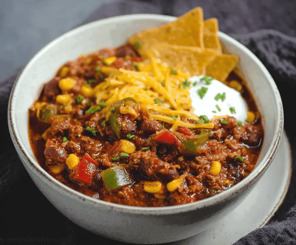Hearty spicy southwest chili with corn, colorful peppers, and beans in a rustic bowl, perfect for warming up on a cold day.