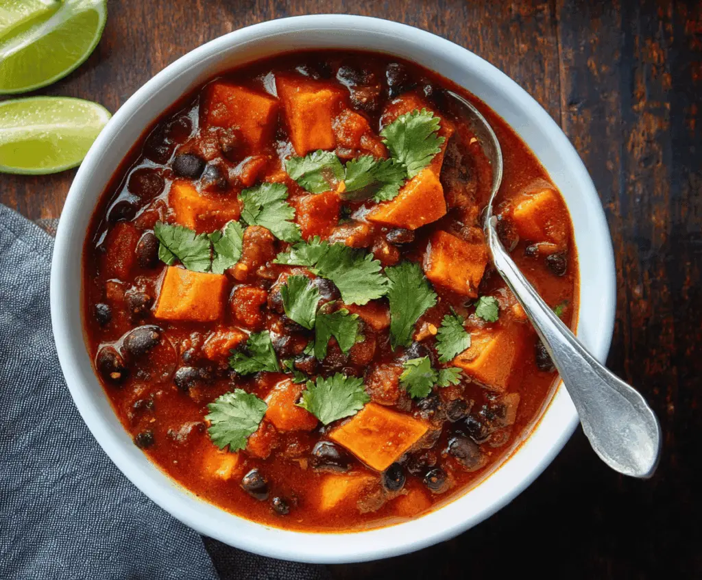 Heaping bowl of hearty sweet potato and black bean chili garnished with fresh cilantro and a dollop of sour cream, showcasing vibrant orange, black, and green colors.