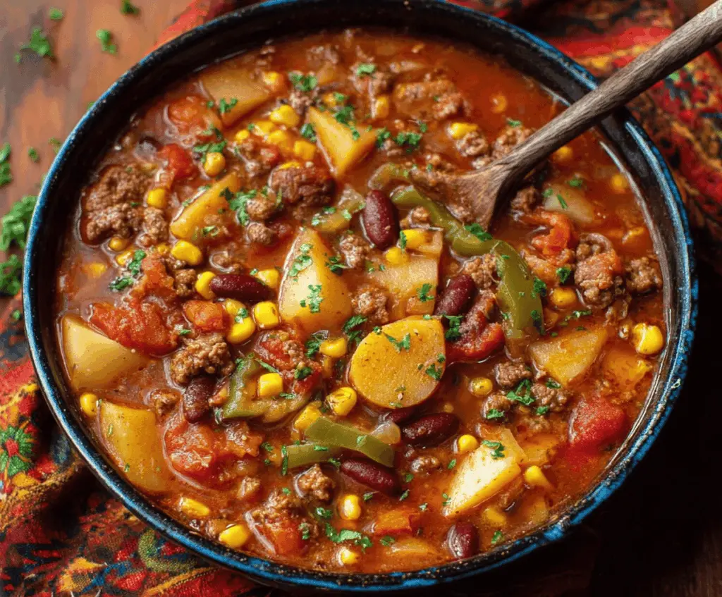 Hearty Texas Cowboy Stew with tender beef, vegetables, and spices served in a rustic bowl, perfect for comforting homemade meals.