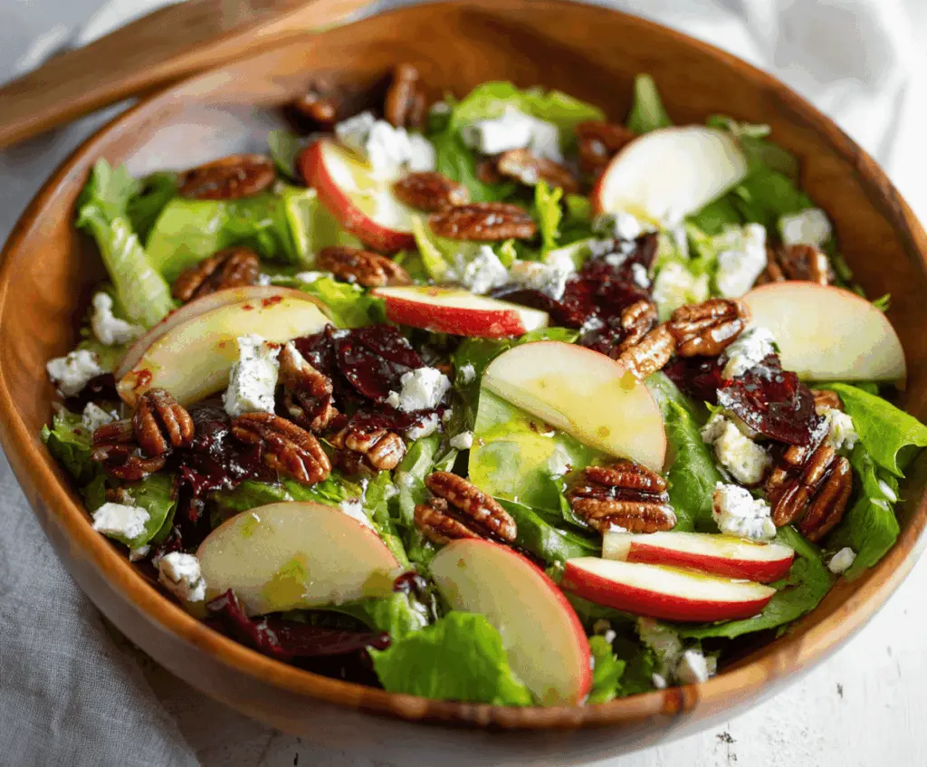 Fresh TikTok Apple Goat Cheese Pecan Salad with sliced apples, creamy goat cheese, crunchy pecans, mixed greens, and a light vinaigrette dressing