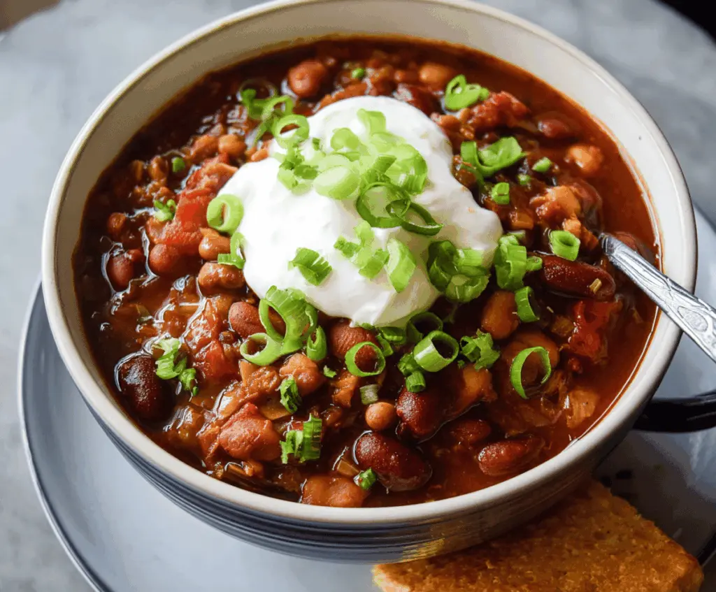 Hearty vegetarian three-bean chili in a bowl with fresh cilantro and chopped vegetables, perfect for a nutritious and flavorful meal.