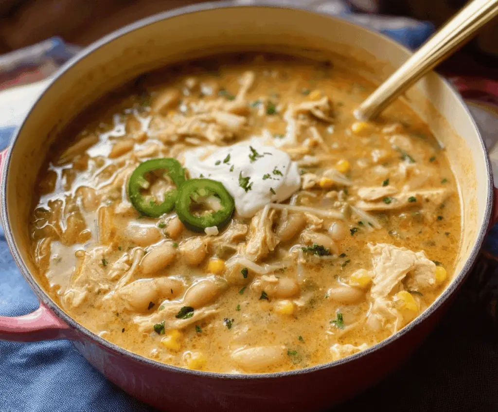 Creamy white chicken chili topped with shredded cheese and fresh herbs in a bowl, served with tortilla chips on the side.