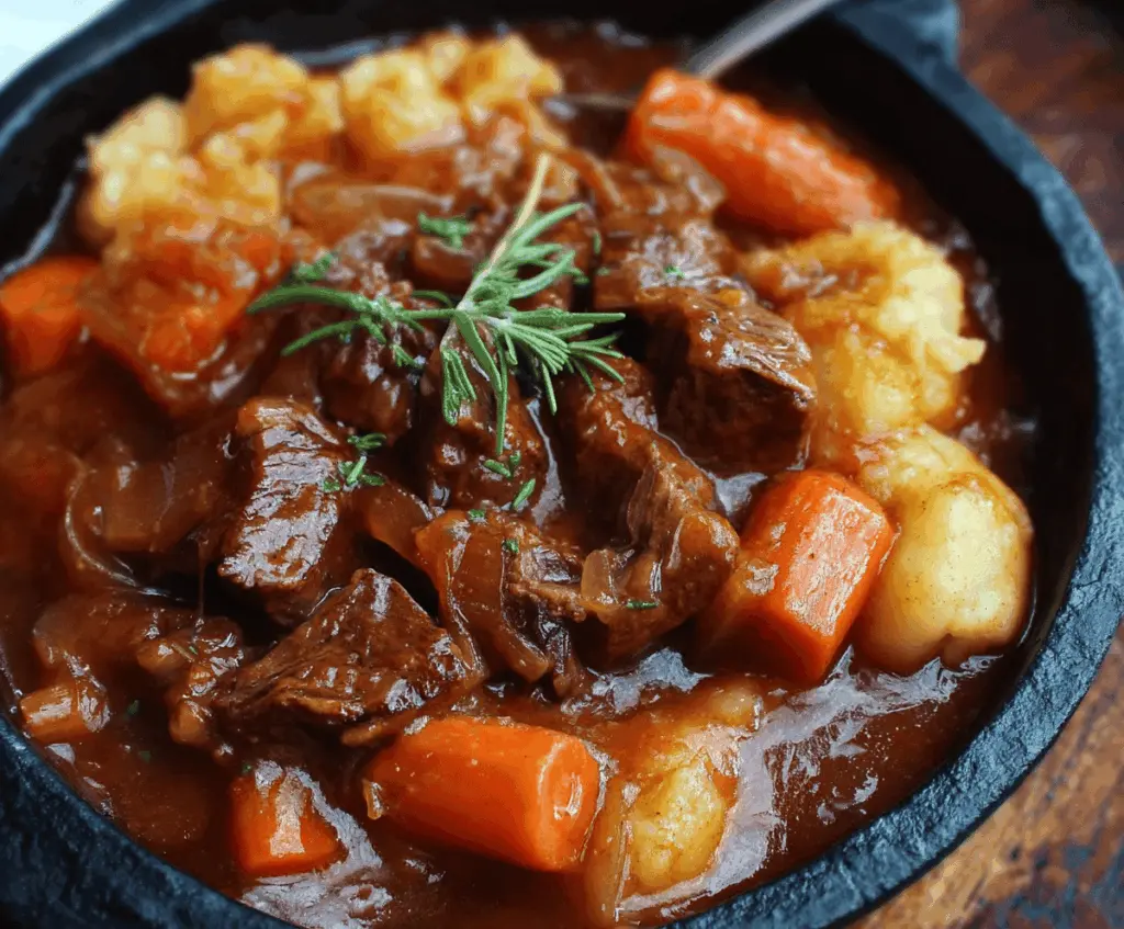 A bubbling Witches Cauldron Beef Stew with tender beef, vegetables, and herbs served in a spooky cauldron for a Halloween-themed meal.