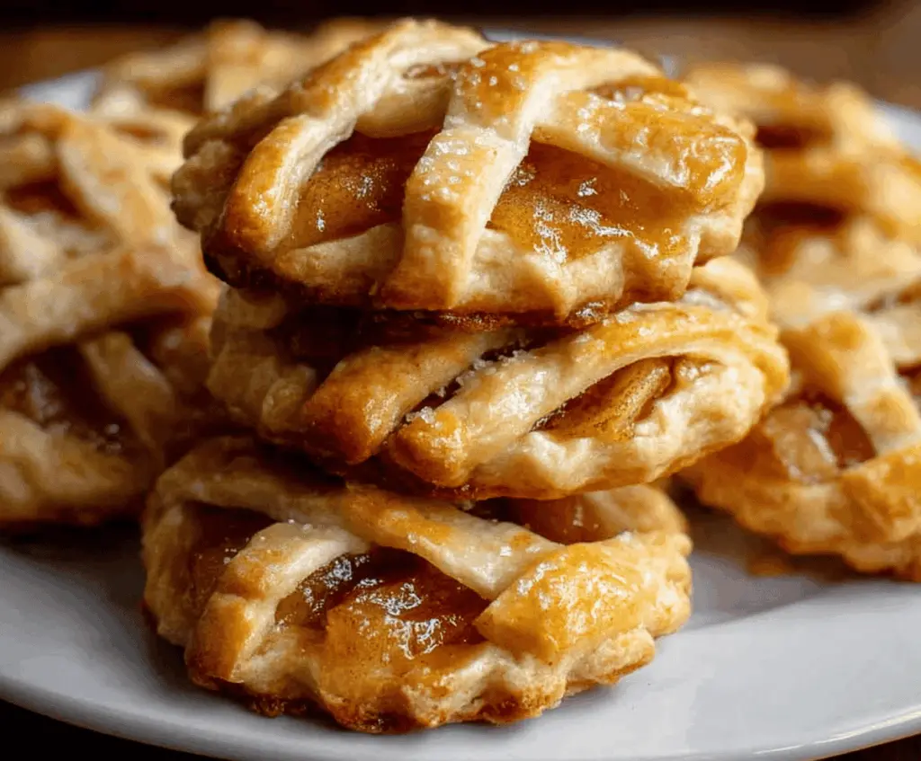 Delicious homemade apple pie cookies with cinnamon and flaky crust on a rustic wooden table, perfect for fall desserts.