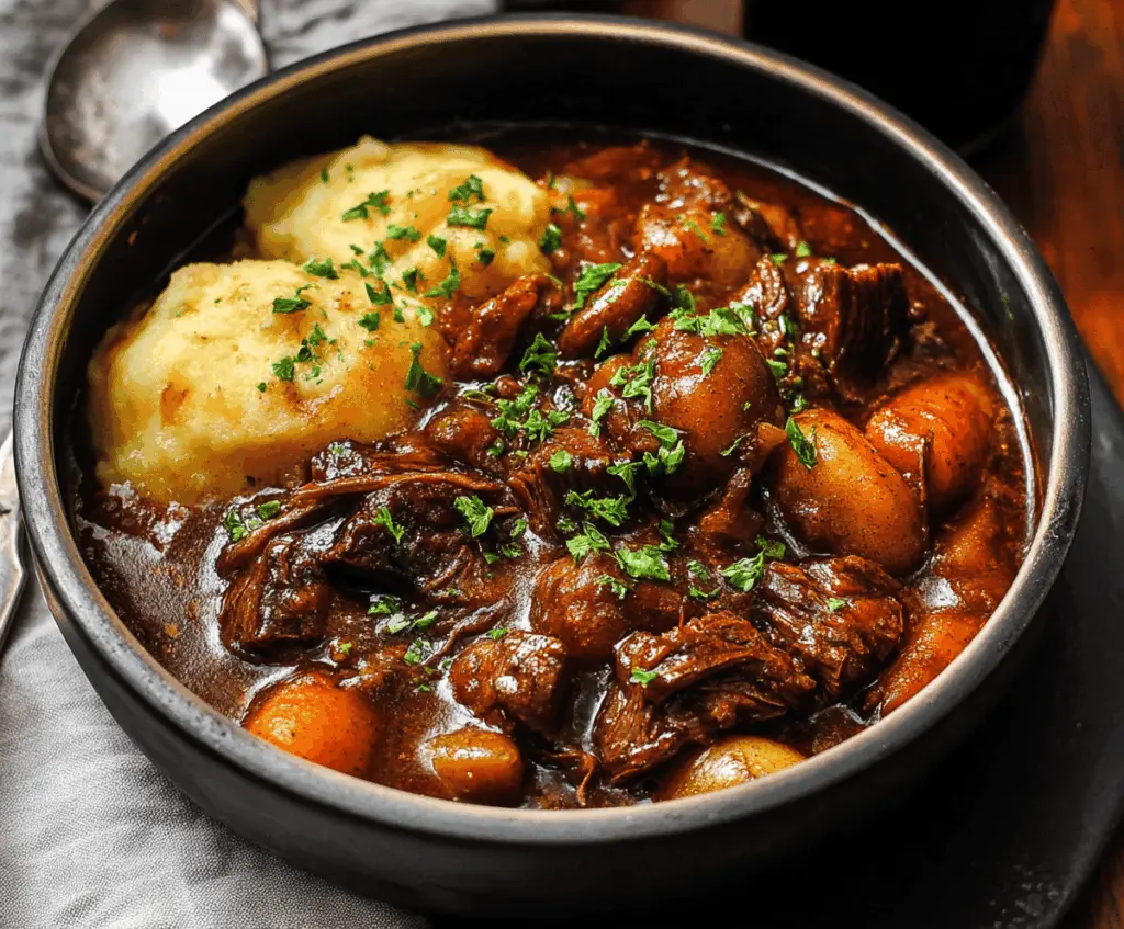 Hearty beef and Guinness stew with tender chunks of beef, vegetables, and rich gravy in a rustic bowl