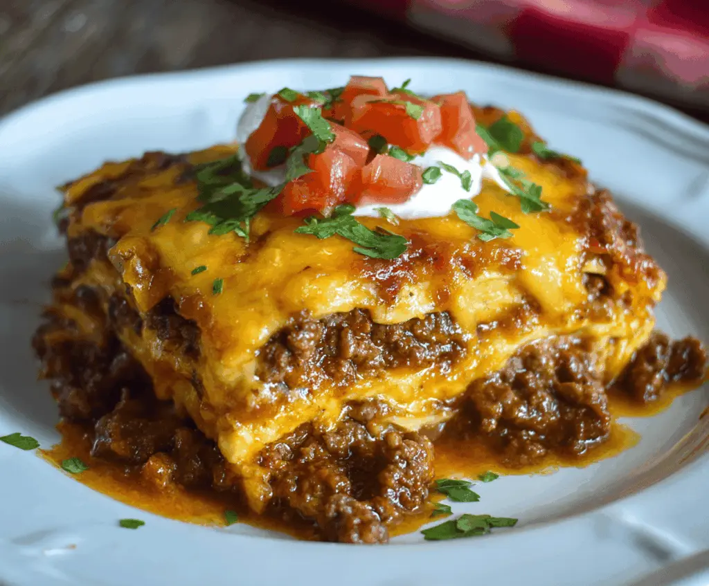 Delicious beef enchilada casserole topped with melted cheese and fresh cilantro, served in a baking dish