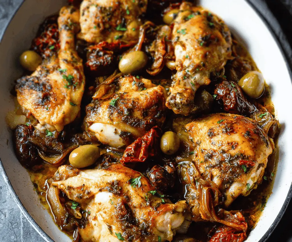 Delicious Chicken Marbella served with roasted vegetables and herbs, showcasing a flavorful Mediterranean-inspired dish with olives, prunes, and a citrus glaze.