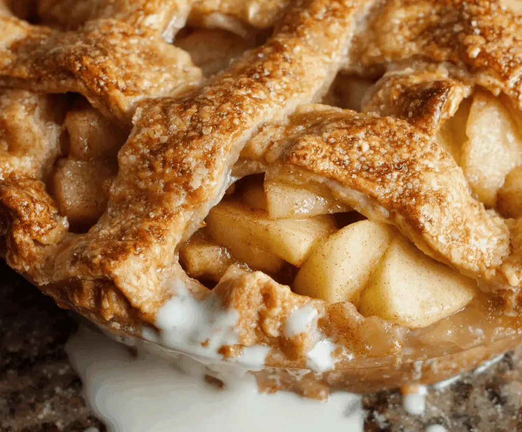 Delicious homemade classic apple pie with golden crust and cinnamon-spiced apple filling on a rustic wooden table.
