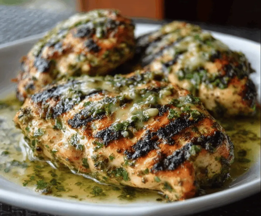 Juicy grilled chicken topped with flavorful salsa verde and melted pepper jack cheese on a plate.
