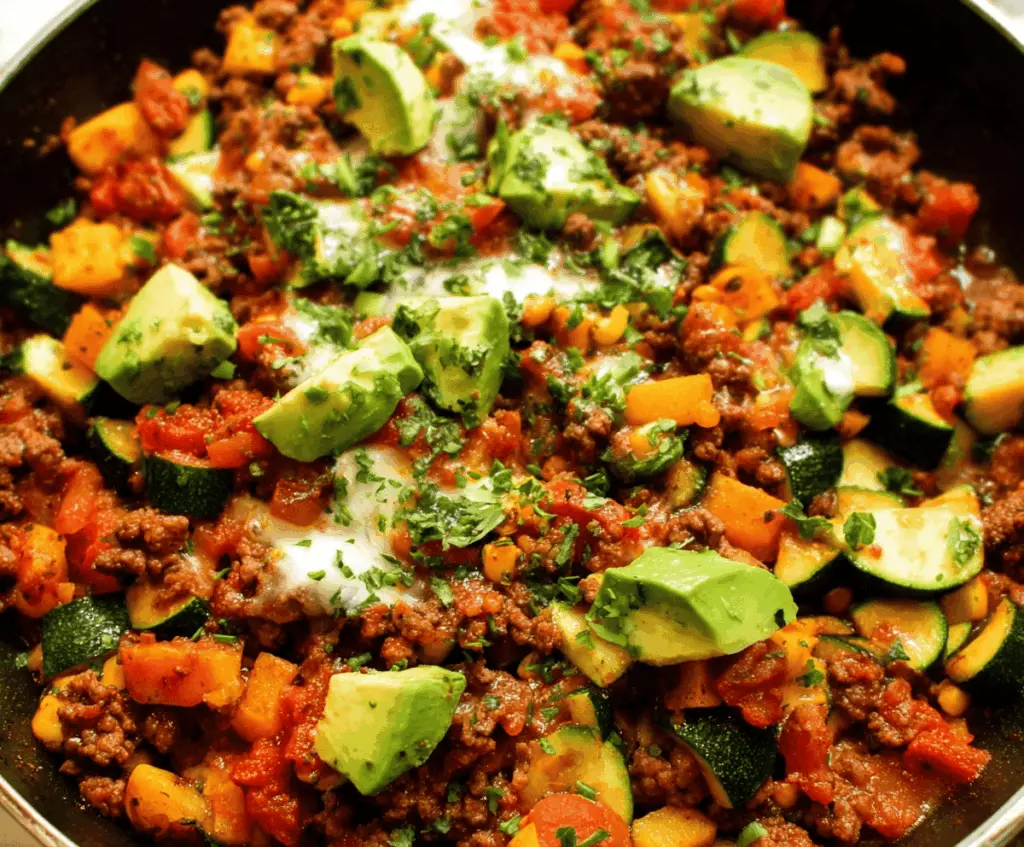Delicious ground beef and zucchini skillet served in a white bowl, garnished with fresh herbs, perfect for a healthy dinner recipe.