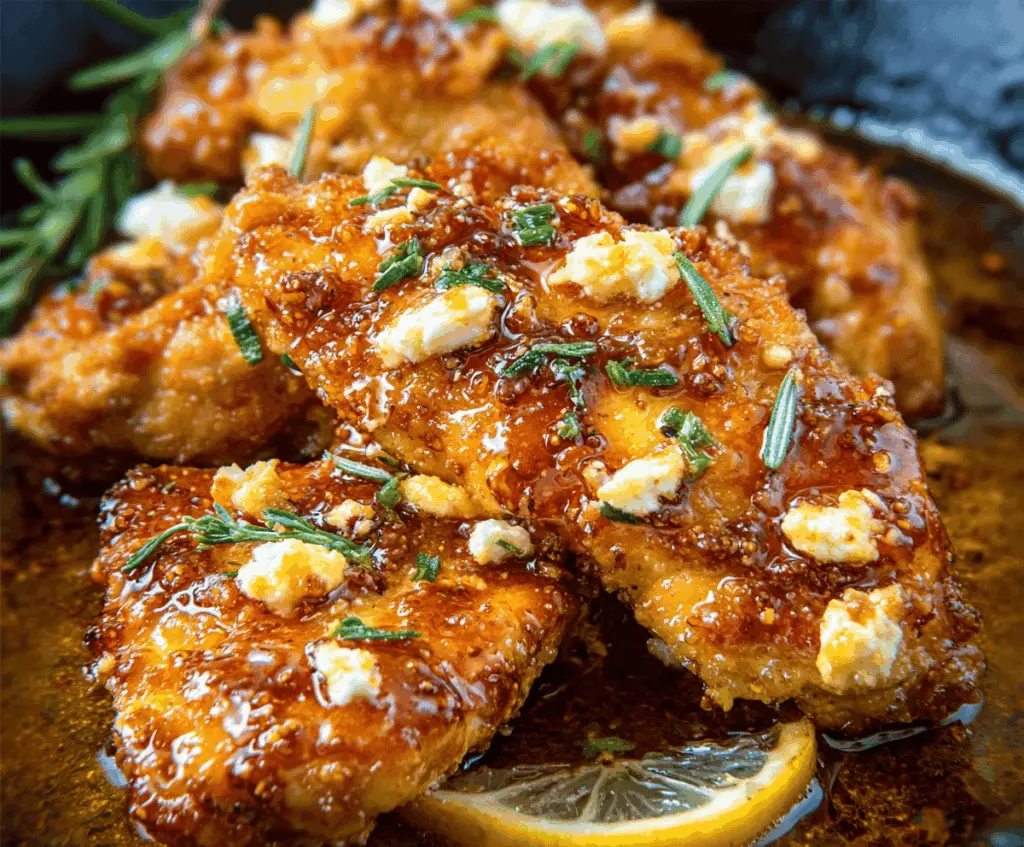 Delicious Hot Honey Feta Chicken plated with melted feta, drizzled honey, and fresh herbs, perfect for a flavorful dinner