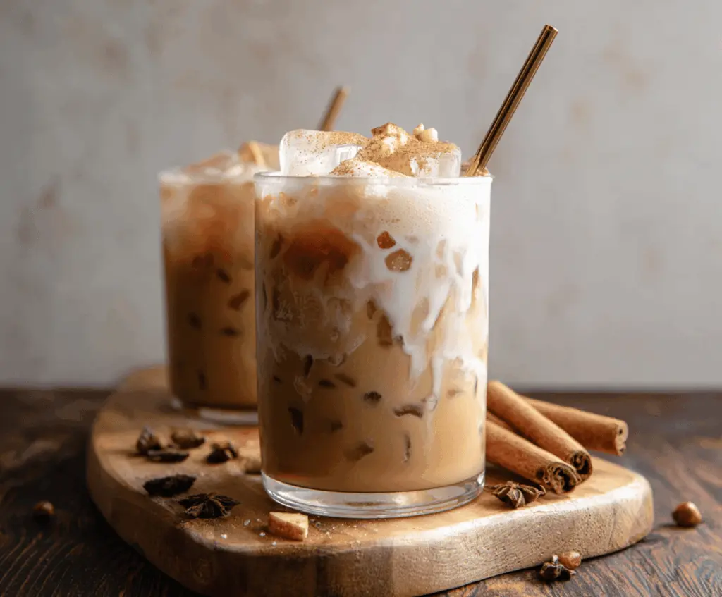 Refreshing Iced Apple Crisp Cream Chai Latte topped with whipped cream and cinnamon in a clear glass, perfect for cozy autumn days