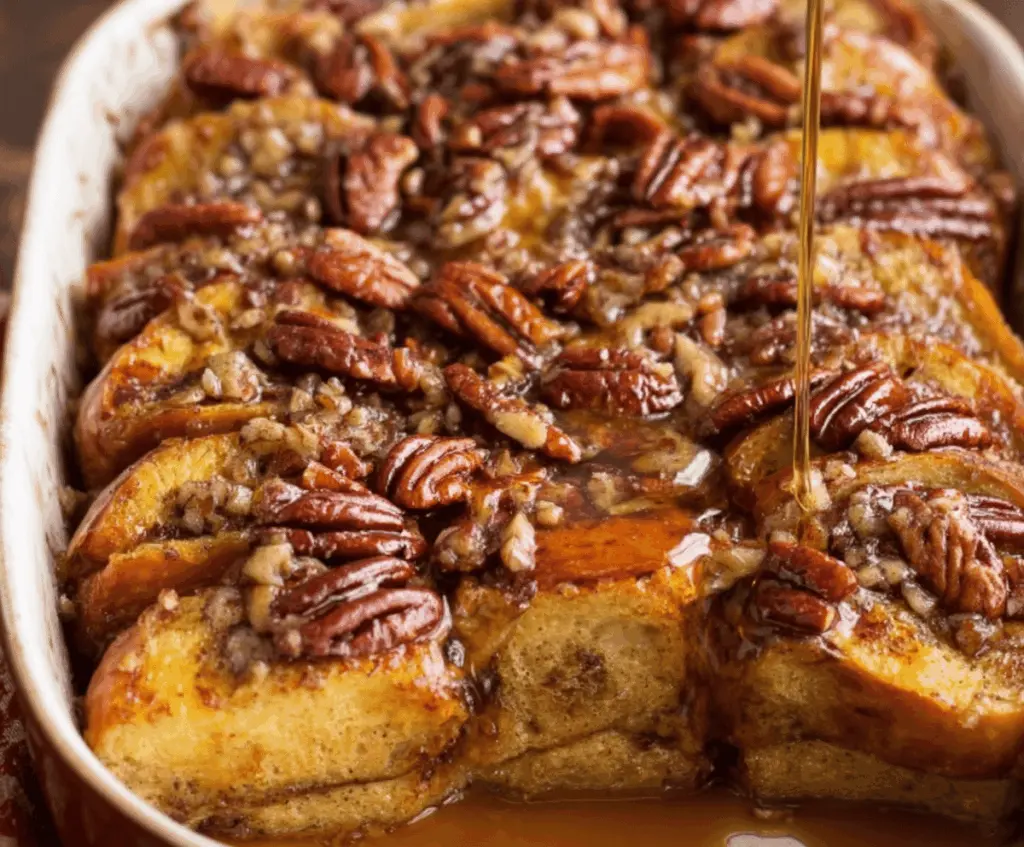Delicious Maple Pecan French Toast Bake topped with toasted pecans and drizzled with maple syrup, served hot for breakfast.
