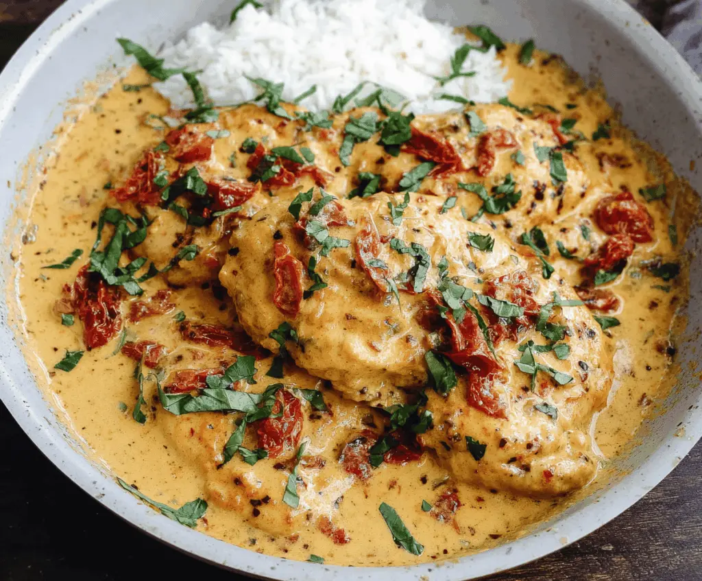 Delicious Marry Me Chicken topped with creamy sun-dried tomato sauce, served on a plate with fresh herbs