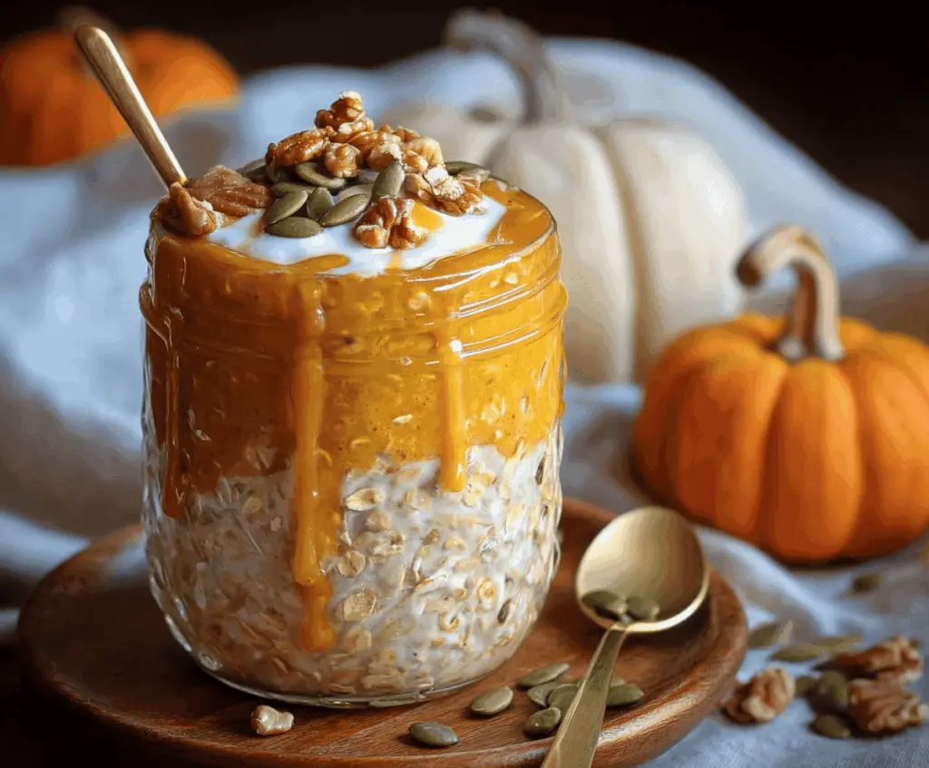 Creamy Pumpkin Pie Overnight Oats topped with whipped cream and a sprinkle of cinnamon, perfect for a nutritious and delicious breakfast during fall.