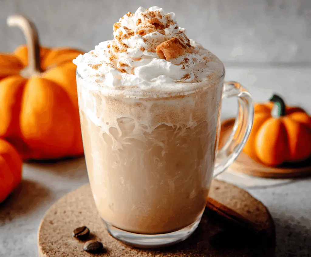 Creamy Pumpkin Spice Latte topped with whipped cream and a cinnamon sprinkle in a clear glass mug, perfect for fall cozy mornings.